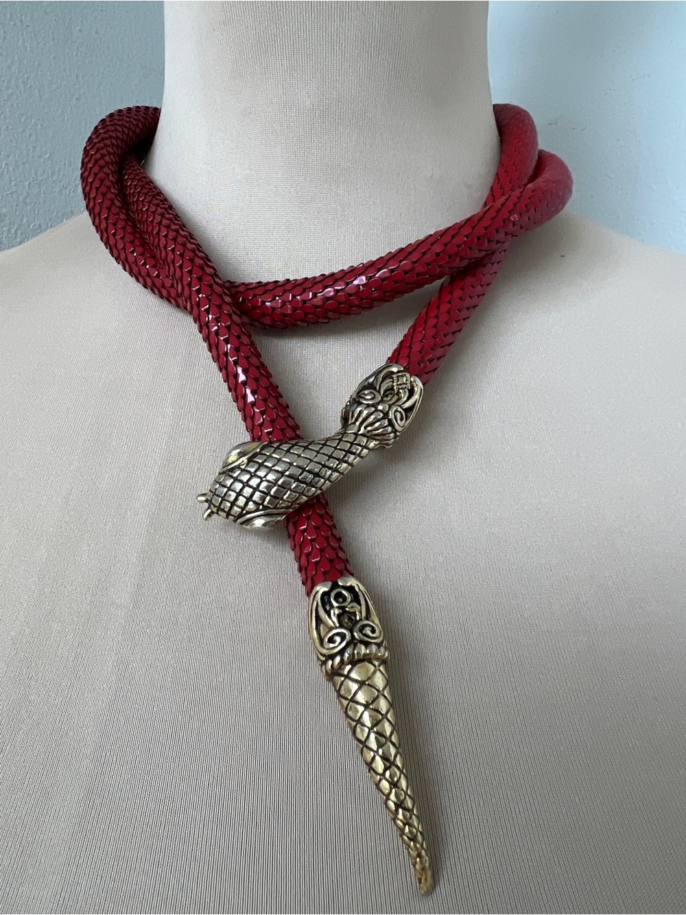 Super Rare DL Auld Vintage Snake Mesh Lariat Necklace Belt | Deep Red & Gold 40”